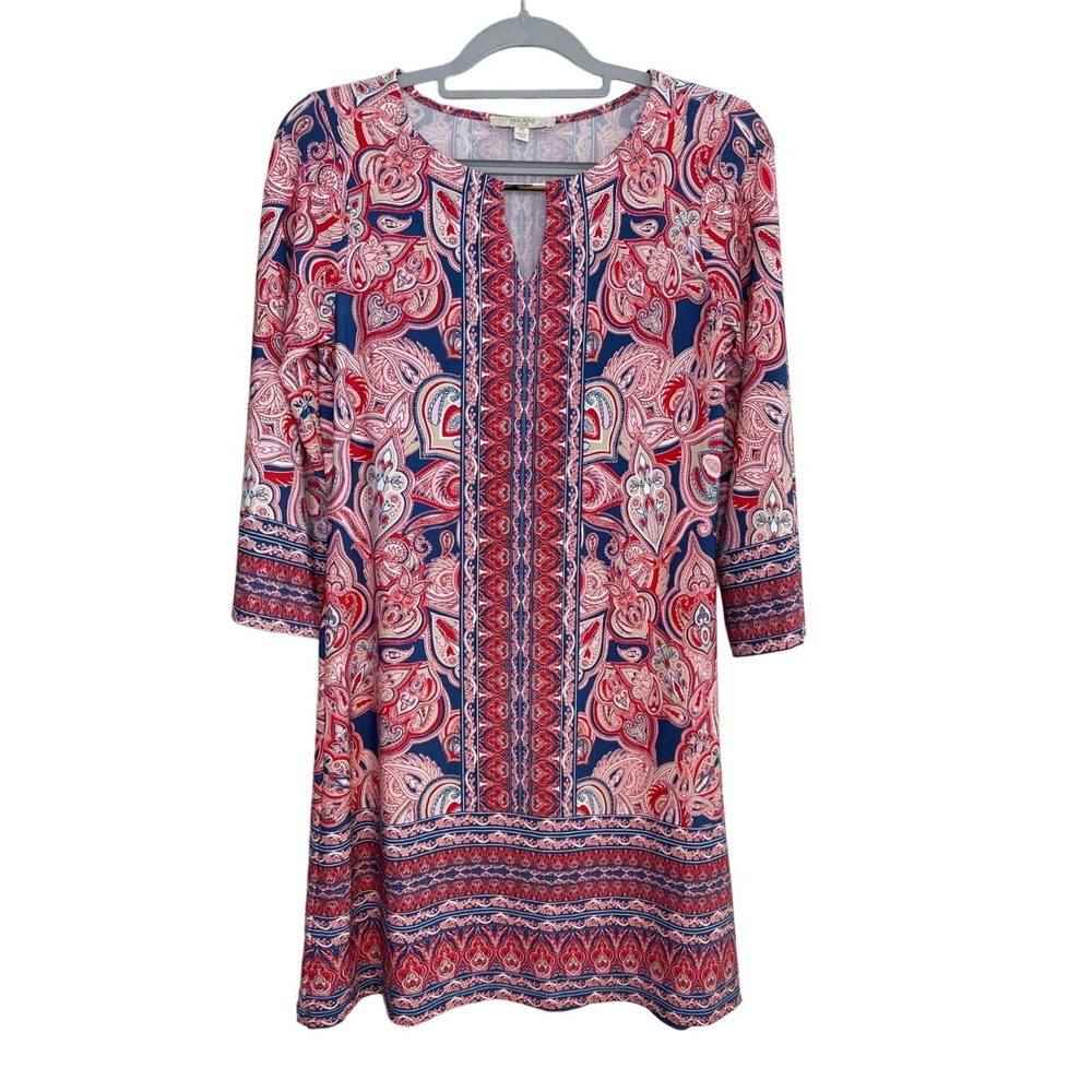 HAANI Petite‎ Shift Dress Red Blue Paisley Split Neck 3/4 Sleeve Boho Summer